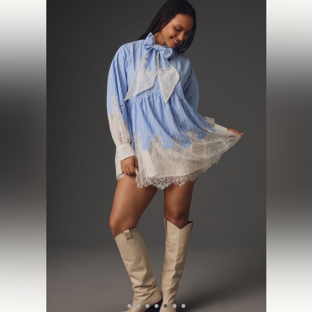 Maeve V-Neck Lace Twofer Mini Shirt Dress Anthropologie Size 14